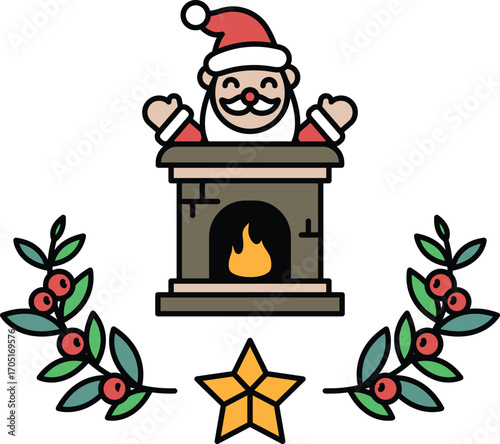 A cartoonish drawing of Santa Claus sitting in front of a fireplace