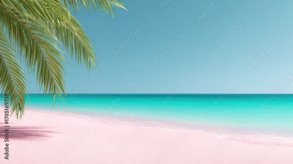 Fototapeta premium Tropical beach scene featuring soft pink sand, clear turquoise water, and lush palm leaves swaying gently in the breeze, creating a serene and inviting atmosphere for relaxation