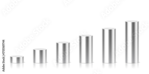 Silver metallic cylindrical podiums in ascending height. Minimalist 3D columns for ranking, data visualization, infographics, or product display. Realistic vector illustration.