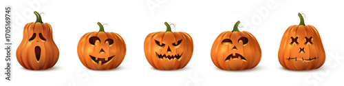 Halloween pumpkin faces set with five carved jack lanterns showing different expressions. Scary, funny, spooky and stitched faces in orange festive style. Seasonal holiday vector illustration.
