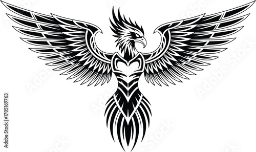 Black tribal phoenix bird with spread wings vector