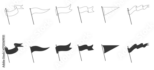 Set of pennant flag illustration in outline and black. Illustration of flag waving in various style.