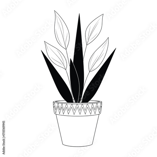 Black and white illustration of a houseplant in a pot