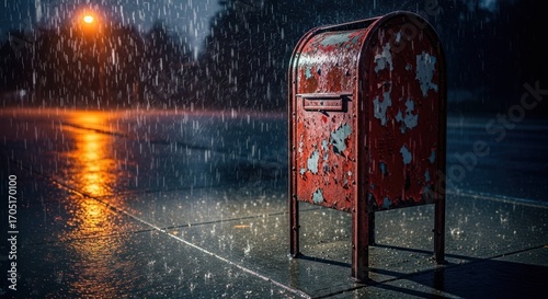 Red mailbox stands in heavy rain, worn paint, wet street reflects light