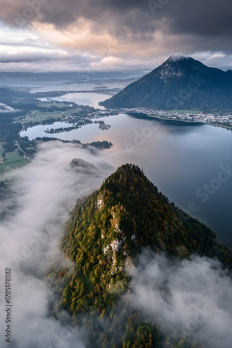 Aerial View Schafberg Mountain Autumn Fog Lake Wolfgangsee Austria