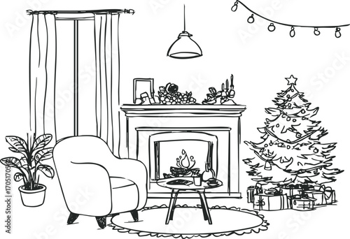 Christmas living room sketch with fireplace, armchair, festive tree and string lights. Cozy holiday crayon illustration card.
