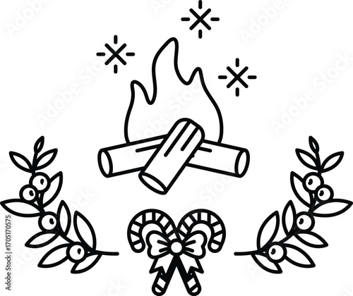 A drawing of a fire with a log and a wreath of leaves