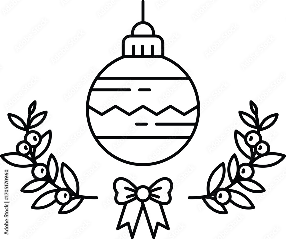 Obraz premium A red and green Christmas ornament with a bow is surrounded by green leaves