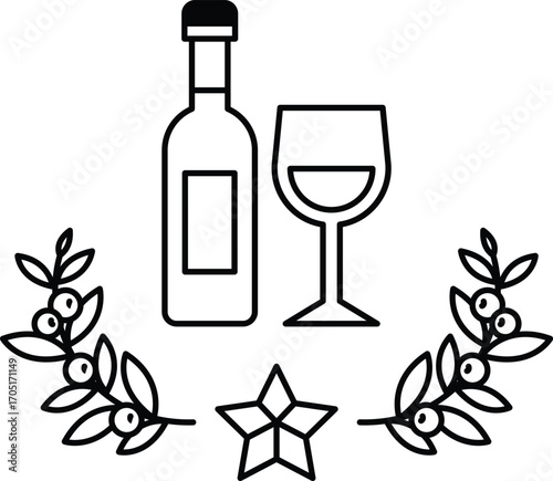 A bottle of wine and a wine glass are shown in a wreath