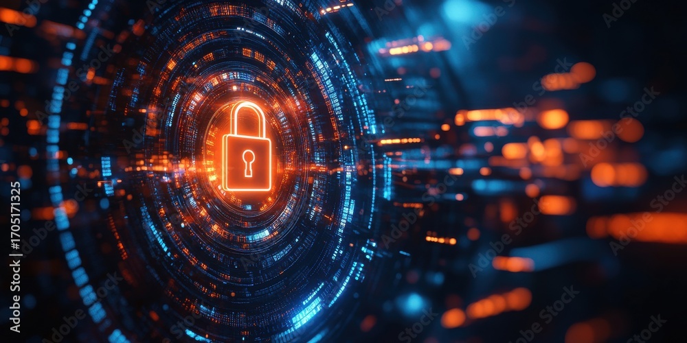 Obraz premium Glowing Padlock Icon with Digital Circuitry for Cyber Security and Data Protection