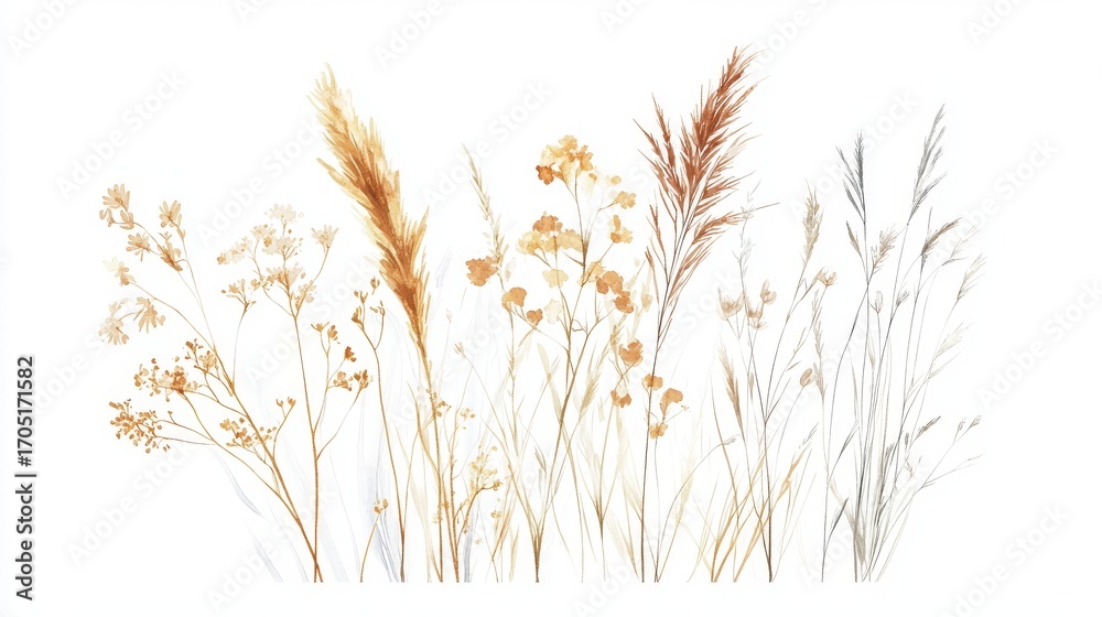 Fototapeta premium 77.3. A detailed illustration of dry grass flowers and herbs, including bent grass spikelets and other wild meadow plants, isolated on a white background. The thin, feathery texture of the grasses is