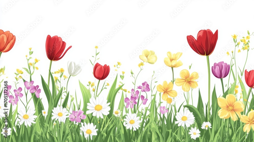 Fototapeta premium 98.A lively and colorful vector illustration of a grass border, showcasing an assortment of flowers like tulips, daisies, and wildflowers. The flowers are depicted in various colors, from vibrant