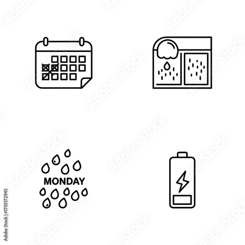 Collection of Winter Slump themed icons, including calendar with crossed-out days, Monday circled, rain on window, low energy symbol