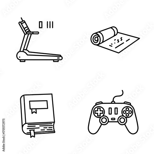 Collection of Winter Slump themed icons, including flatlined treadmill, dusty yoga mat, closed book, paused video game