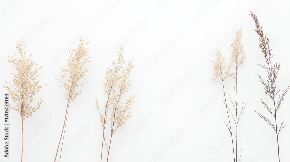 Obraz premium 20.A minimalist, isolated shot of grass flowers, rice weeds, and reeds on a white background. The fine details of each plant are captured in clear focus, with the delicate seed heads and slender