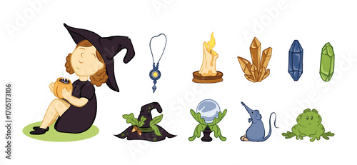 Character of a witch with witch accessories, an amulet, and a candle