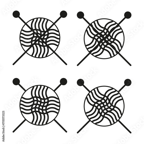 Knitting needle symbols. Yarn ball illustration. Monochrome Vector set. Craft hobby elements. EPS 10.