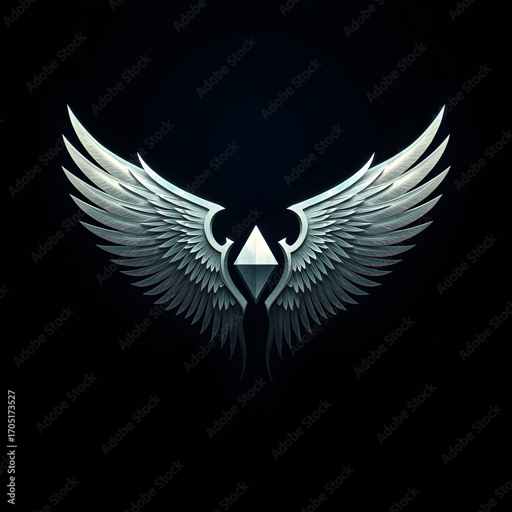 Obraz premium Abstract White Angel Wings with Geometric Diamond Symbols on Dark Background – Elegant Feathered Wing Design for Logos, Tattoos, Fantasy, and Decorative Art