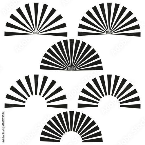 Abstract fan ornament. Geometric shape set. Black sunburst patterns. Vector line art. EPS 10.