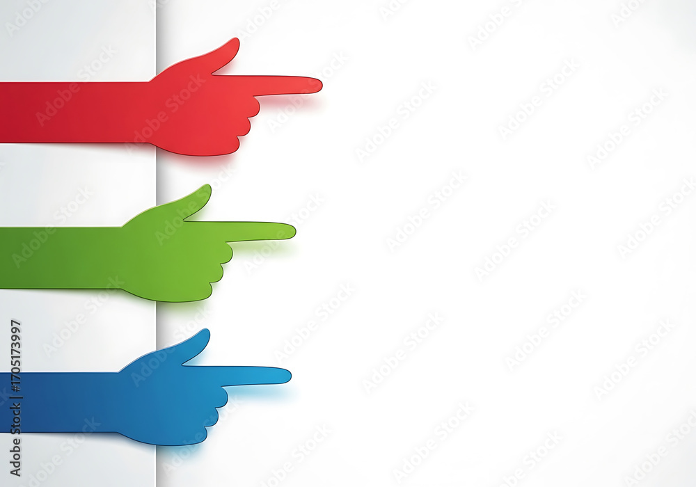 Fototapeta premium Colorful hands pointing to the right on a white background, ideal for showcasing direction, guidance, or highlighting key information isolated on white background
