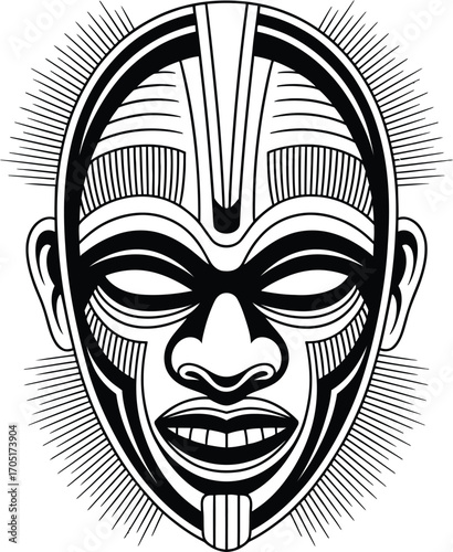 Black and white tribal mask with radiating lines face 1