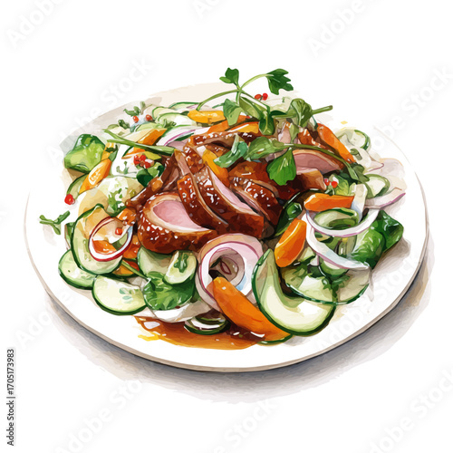 Peking Duck Salad, watercolor illustration vector, isolated on a white background.