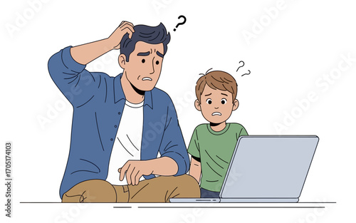 Father and Son Puzzled by Laptop Question Marks Above Heads.