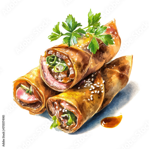 Peking Duck Rolls, watercolor clipart vector, isolated on a white background.