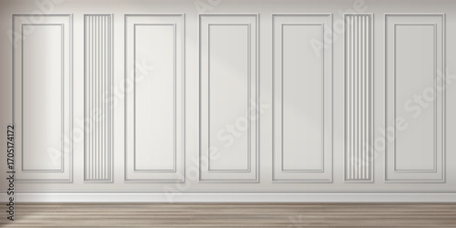 Classic wall panel arrangement with moldings, vertical fluted sections and rectangular frames on white background. Elegant interior design elements for luxury spaces. Traditional woodwork details.