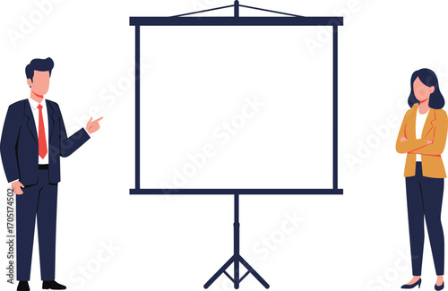 Businessman presenting with pointing gesture and businesswoman listening near blank projection screen, office presentation and teamwork concept