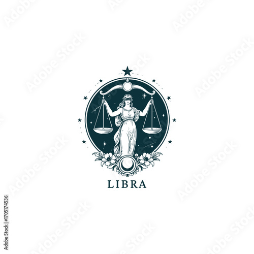 engraving of a woman, representing the zodiac sign Libra, holding the scales of justice. Vector template illustration