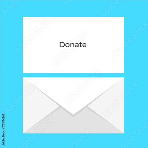 Vector illustration of a white envelope labeled “Donation”, symbol of fundraising letters, aid requests, or charitable contributions, flat art design style.
