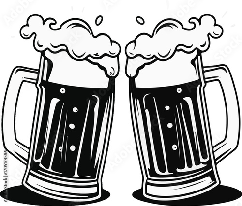 Two frothy beer mugs clinking together with bubbles and splashes celebration toast vector
