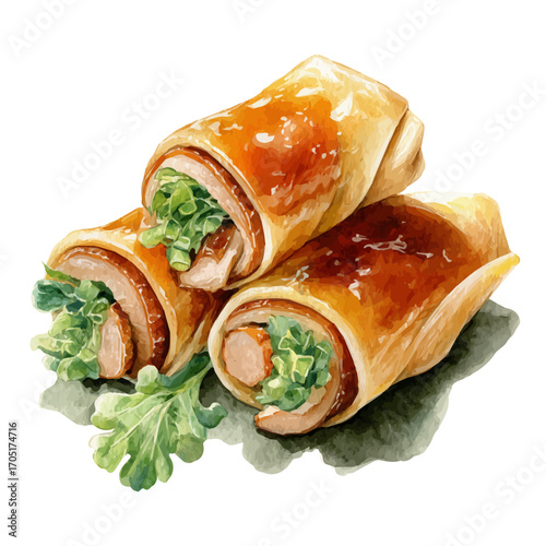 Peking Duck Rolls, watercolor clipart vector, isolated on a white background.