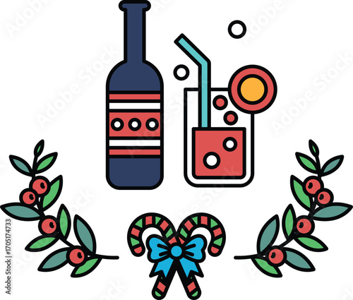 A bottle of wine and a glass of red liquid with a straw in it
