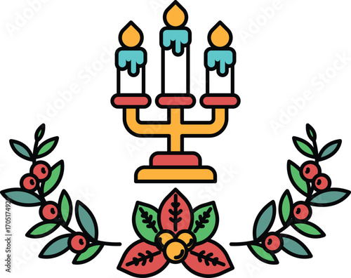 A candle holder with three candles and a leafy design