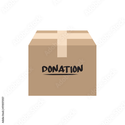 Vector illustration of a sealed cardboard box with “Donation” text, illustrating a container for collecting aid, goods, or contributions, flat art design style.
