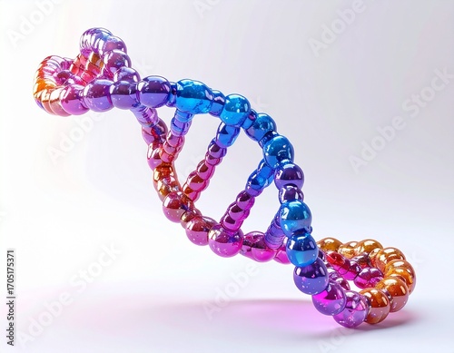 A vibrant and colorful 3D illustration of a stylized DNA double helix molecule with a glossy, toy-like finish isolated on a bright white background