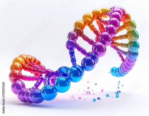 A futuristic and abstract 3D illustration of a vibrant, rainbow-colored DNA double helix fragmenting into glossy spheres on a clean white background