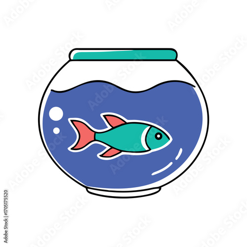 A Colorful Cartoon Fish Bowl Scene with a Fish Swimming Happily in Blue Water