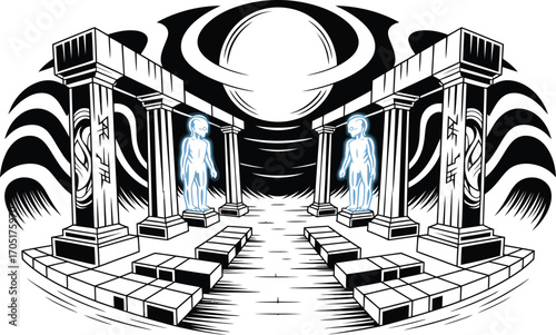 Ancient ruins with glowing alien figures and abstract background