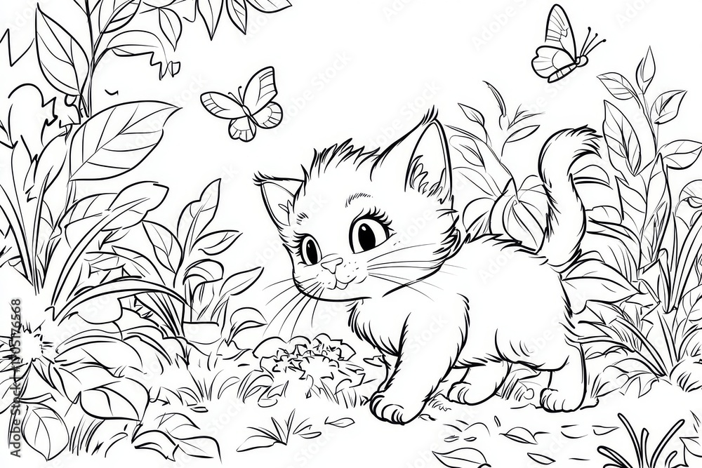 Obraz premium Cute cat playing with a butterfly in the garden, a simple black and white coloring page for kids, without shadows, easy for young children to color.
