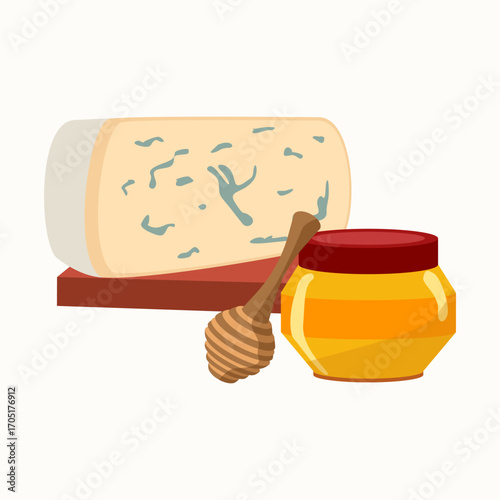 Blue cheese with honey jar and wooden dipper on board. For menus, recipe cards, tasting notes, food blogs, packaging, kitchen posters and culinary flyers.