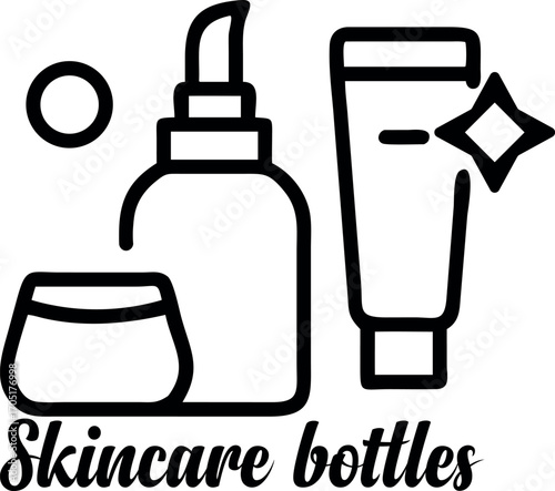 Black outline showcases cream jar, pump bottle, lotion tube, and circle on white