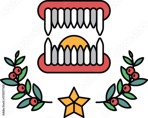 A black and white drawing of a mouth with teeth and a star in the background