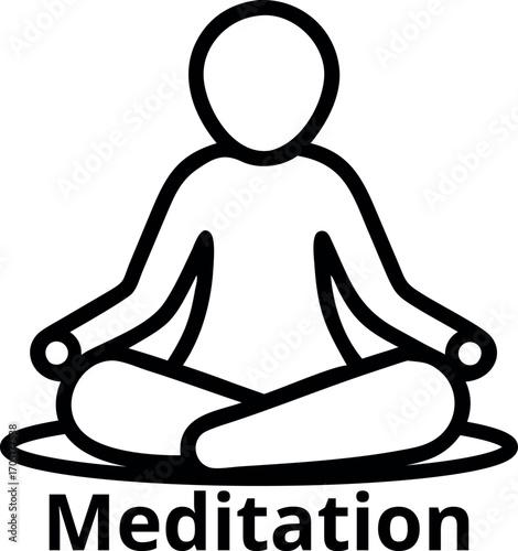 Line art presents a person in lotus position under the word meditation,isolated