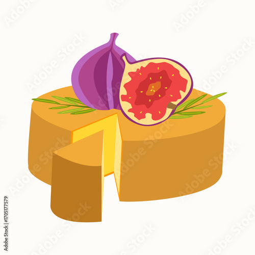 Cheese wheel with cut wedge, figs and rosemary on top. For menus, packaging, tasting notes, cheeseboard guides, restaurant signage and culinary blogs.