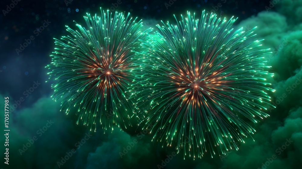 Fototapeta premium Spectacular Fireworks Display: A vibrant fireworks display illuminates the night sky with bursts of emerald green and warm amber, creating a captivating spectacle against a backdrop of soft clouds. 