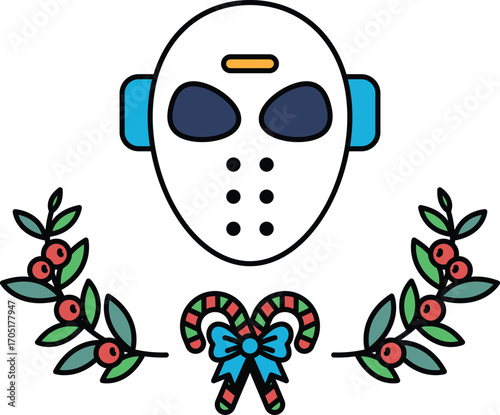 A cartoonish drawing of a hockey goalie with a Christmas wreath