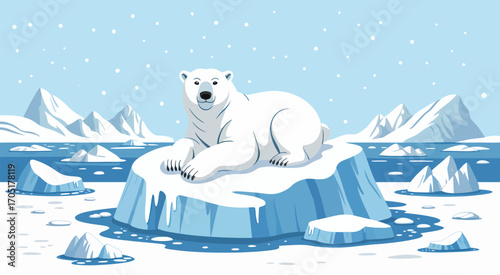 Sleeping Polar Bear on Glacial Ice in Arctic Landscape, Snowfall in Peaceful Winter Setting, Calm Wildlife Illustration, Serene Cold Climate Vector Scene for Seasonal Design